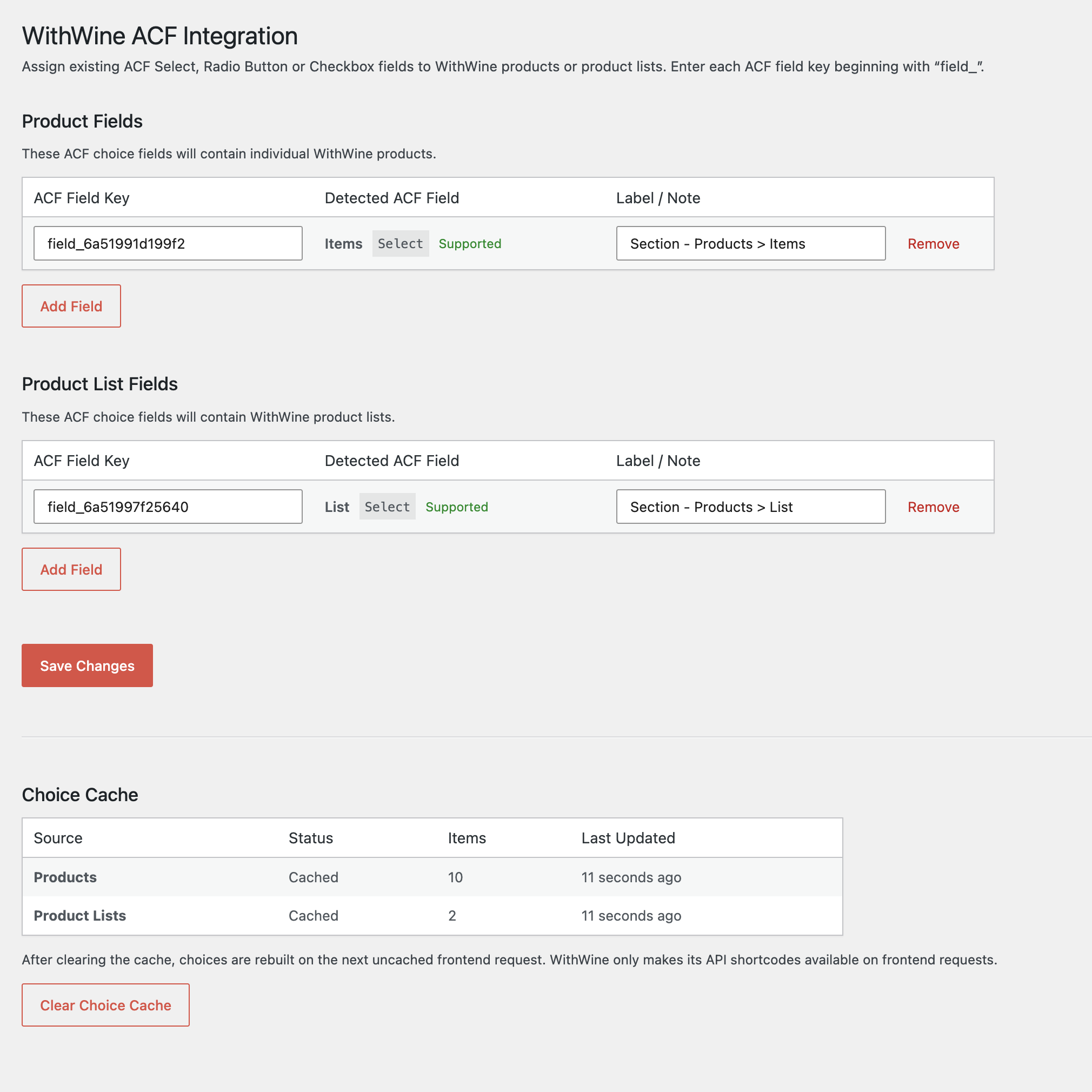 Plugin settings for configuring Product and Product List ACF fields
