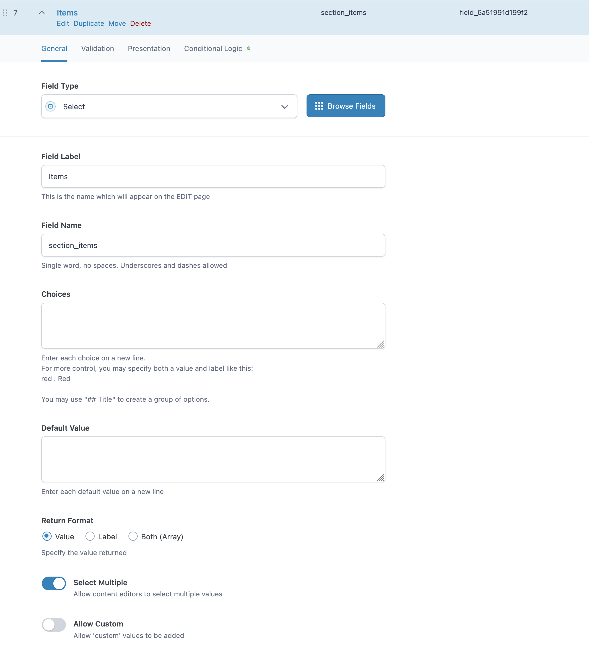 Native ACF Select field configured for WithWine integration