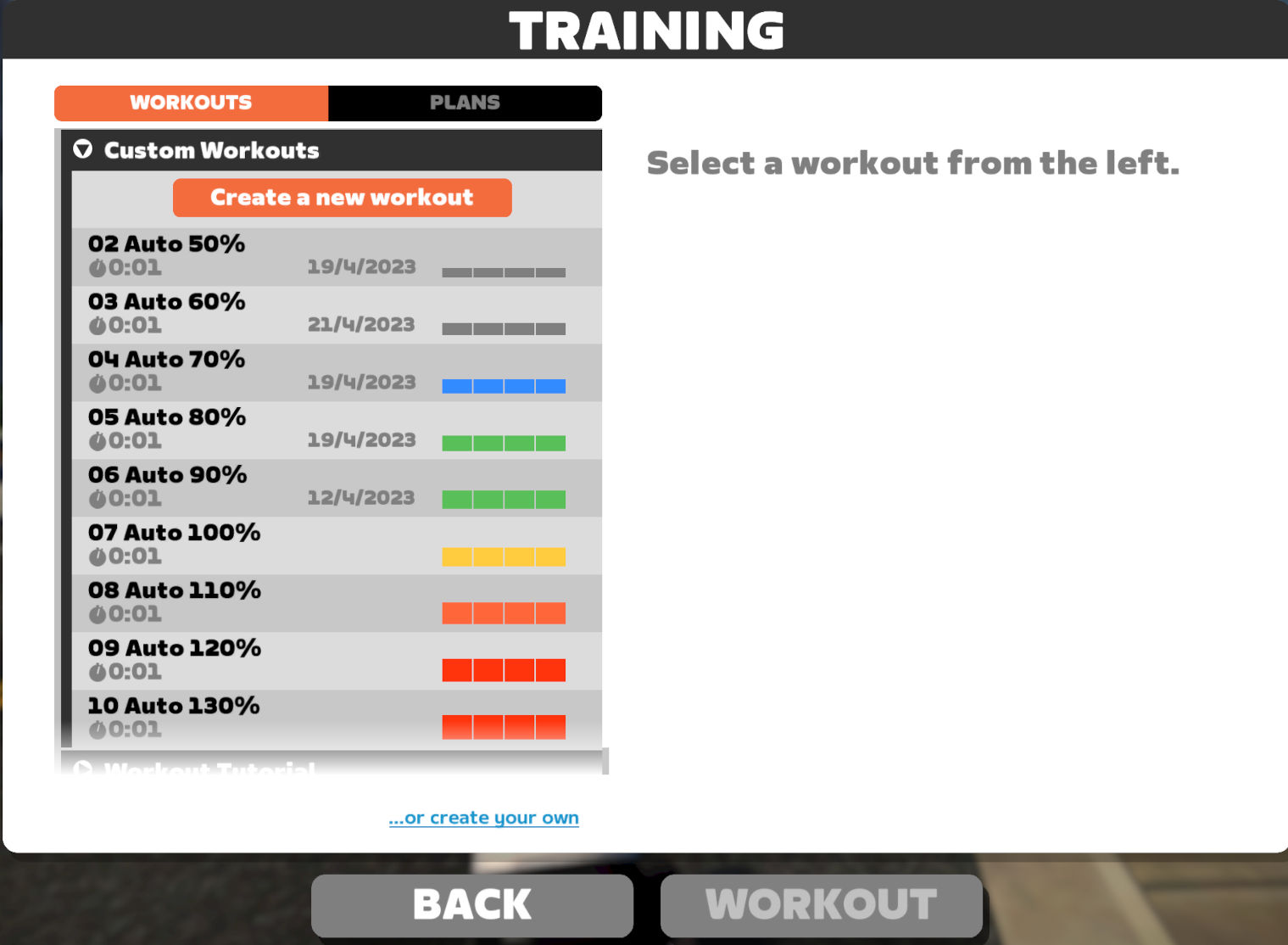 Workout screen