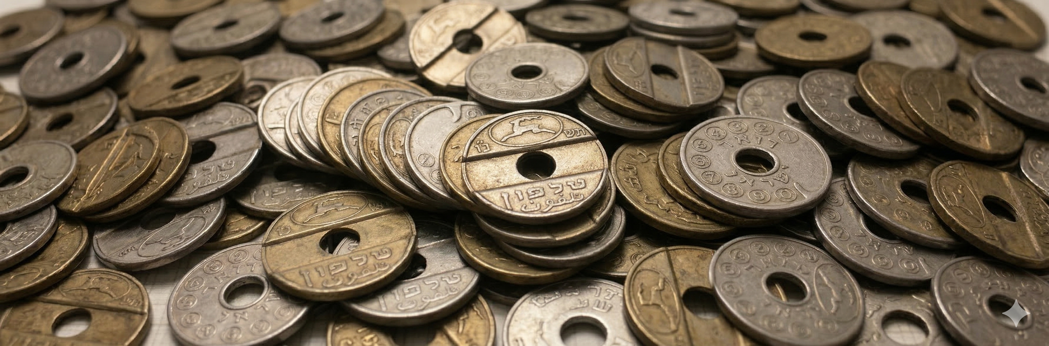 A vintage Israeli phone token (asimon), captured mid-drop as it falls into a payphone coin slot