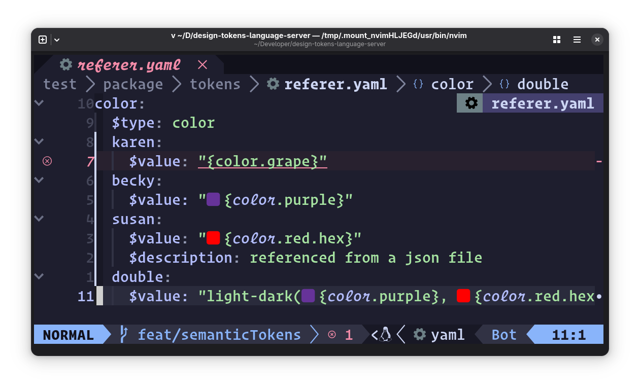 Semantic tokens highlighting legit token definitions