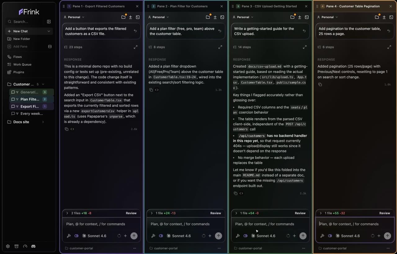 Four agents working side by side in split panes, each on its own git worktree