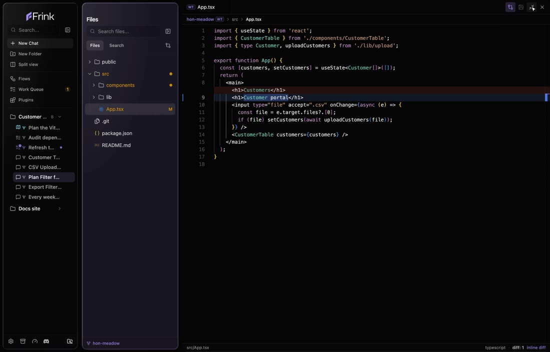 Opening a file from the tree, editing it and saving, with the change shown inline