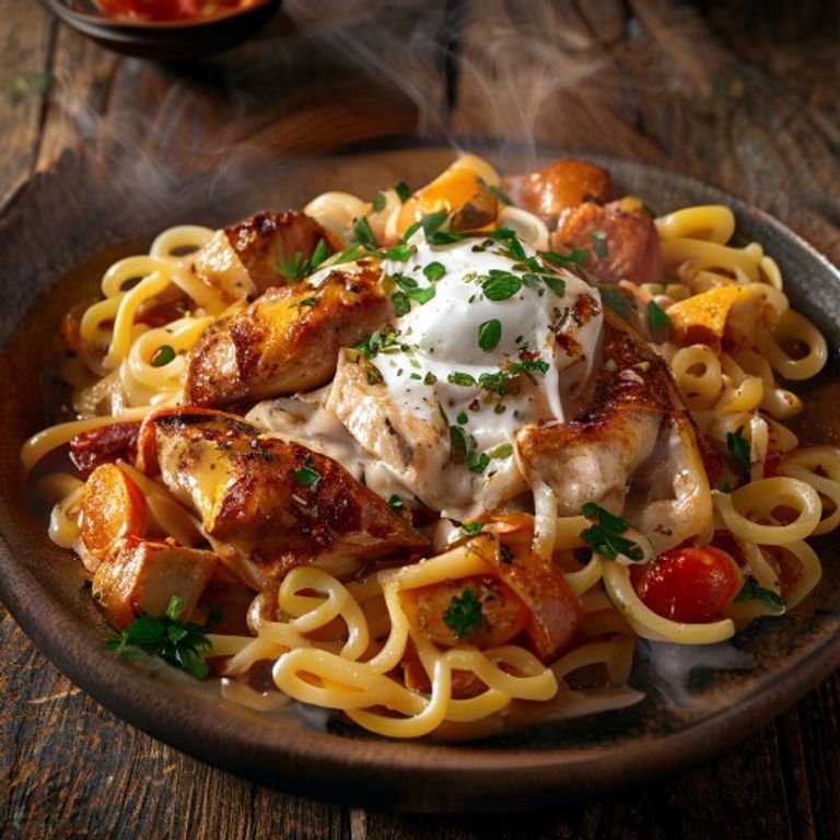 Hungarian Chicken Paprikash with Sour Cream and Egg Noodles