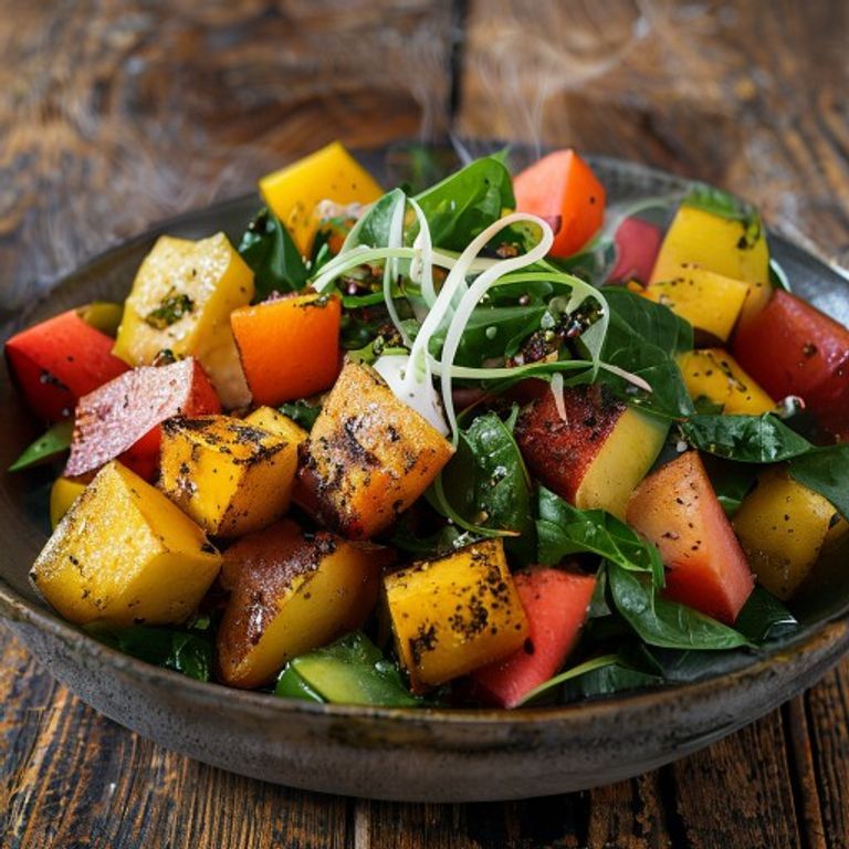 Roasted Squash and Potato Bowl with Watermelon-Lime Dressing and Wilted Spinach