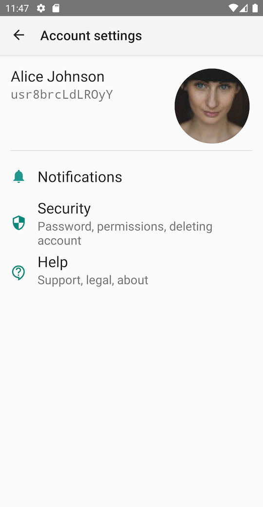 Android screenshot: account settings