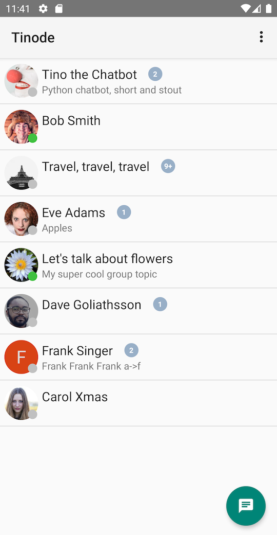 Android screenshot: list of chats