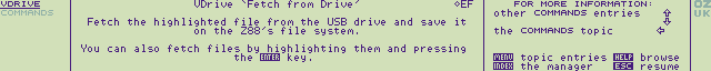 Z88 screenshot of a help screen for the Fetch command