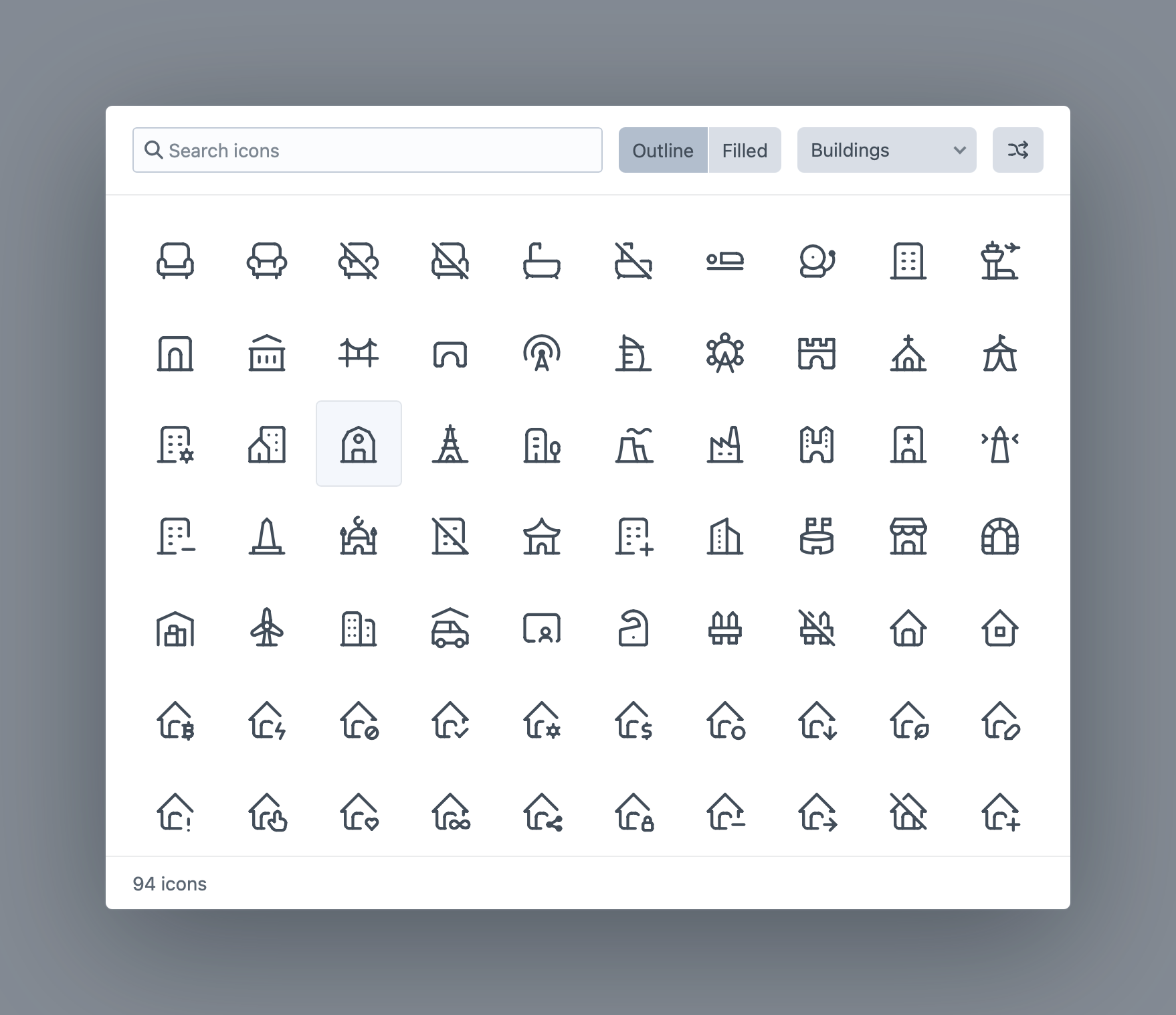 The Tabler icon picker, filtered to the Buildings category