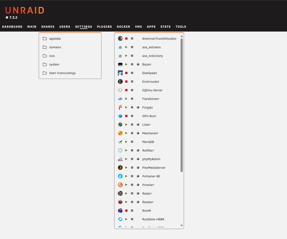 Shares and Docker dropdowns