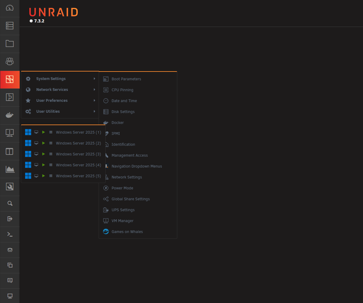 Settings submenu and VMs dropdown