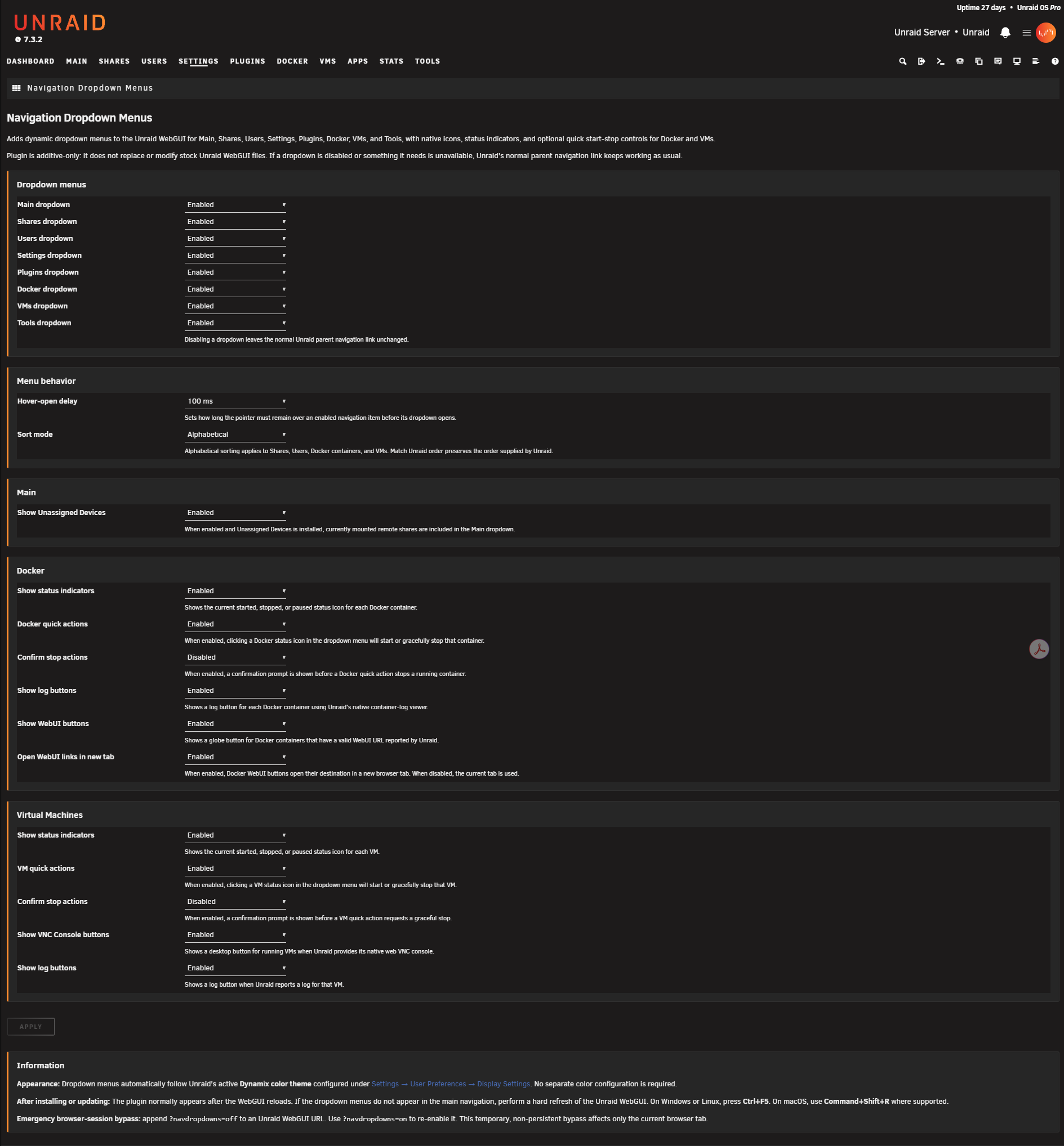 Navigation Dropdown Menus settings page