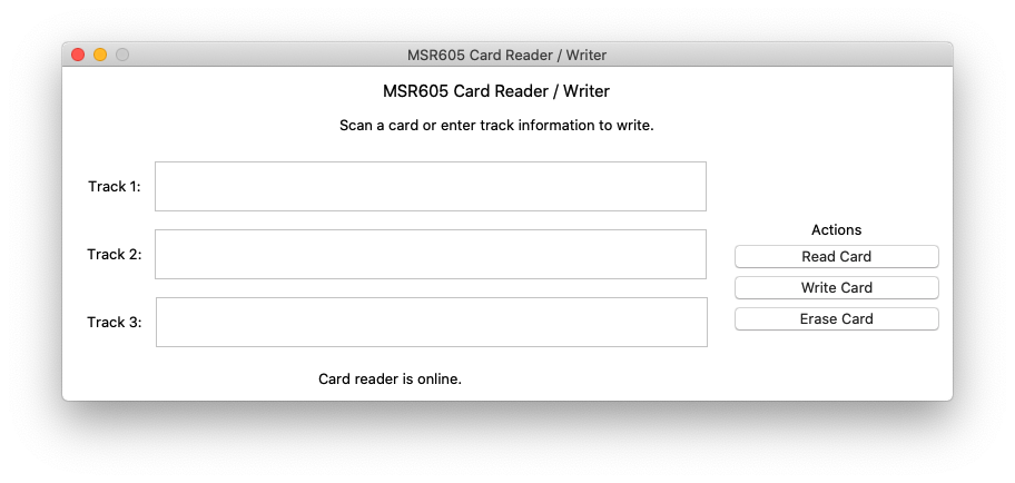 'MSR605-GUI Screenshot on macOS Catalina'