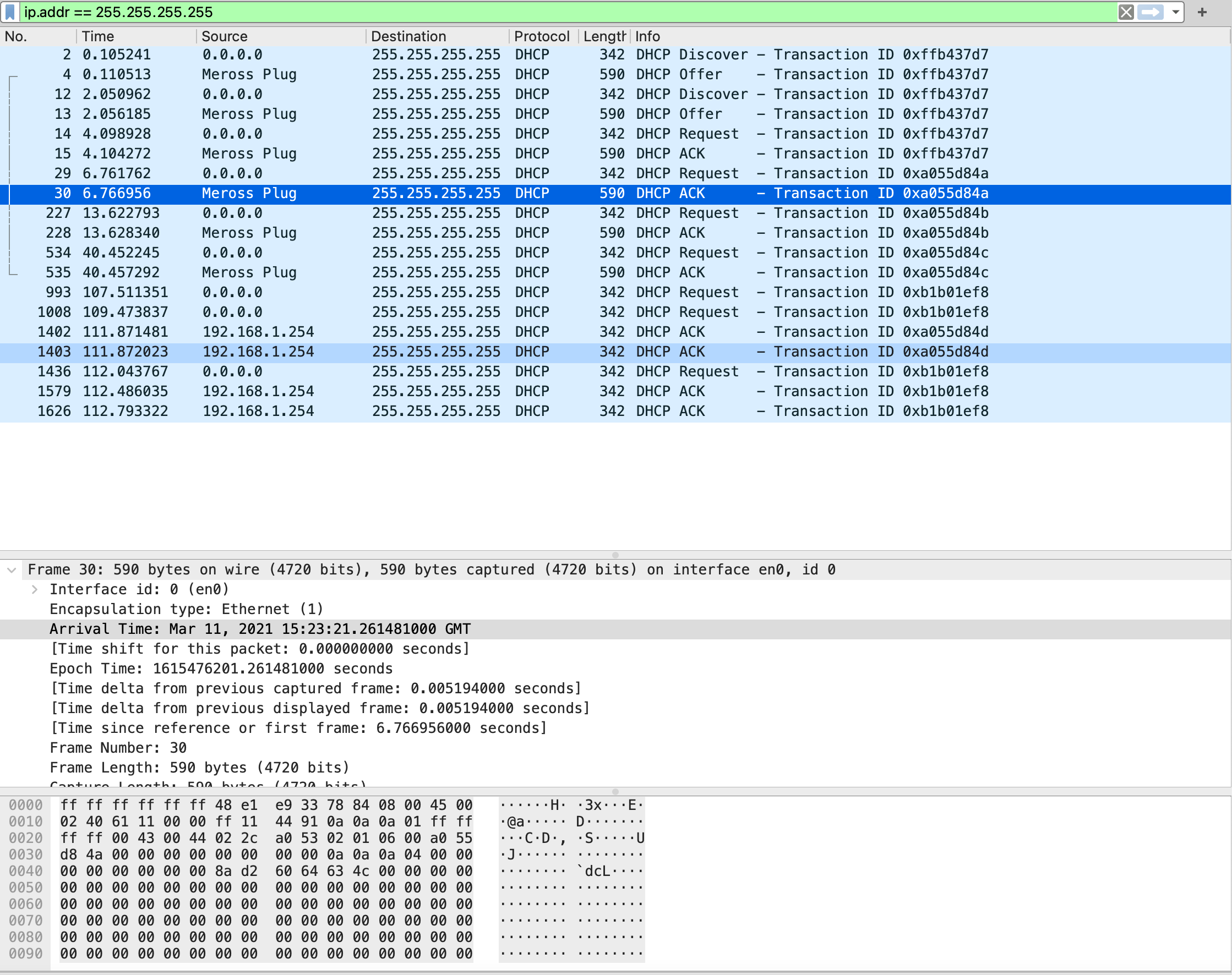 Wireshark showing communications between devices