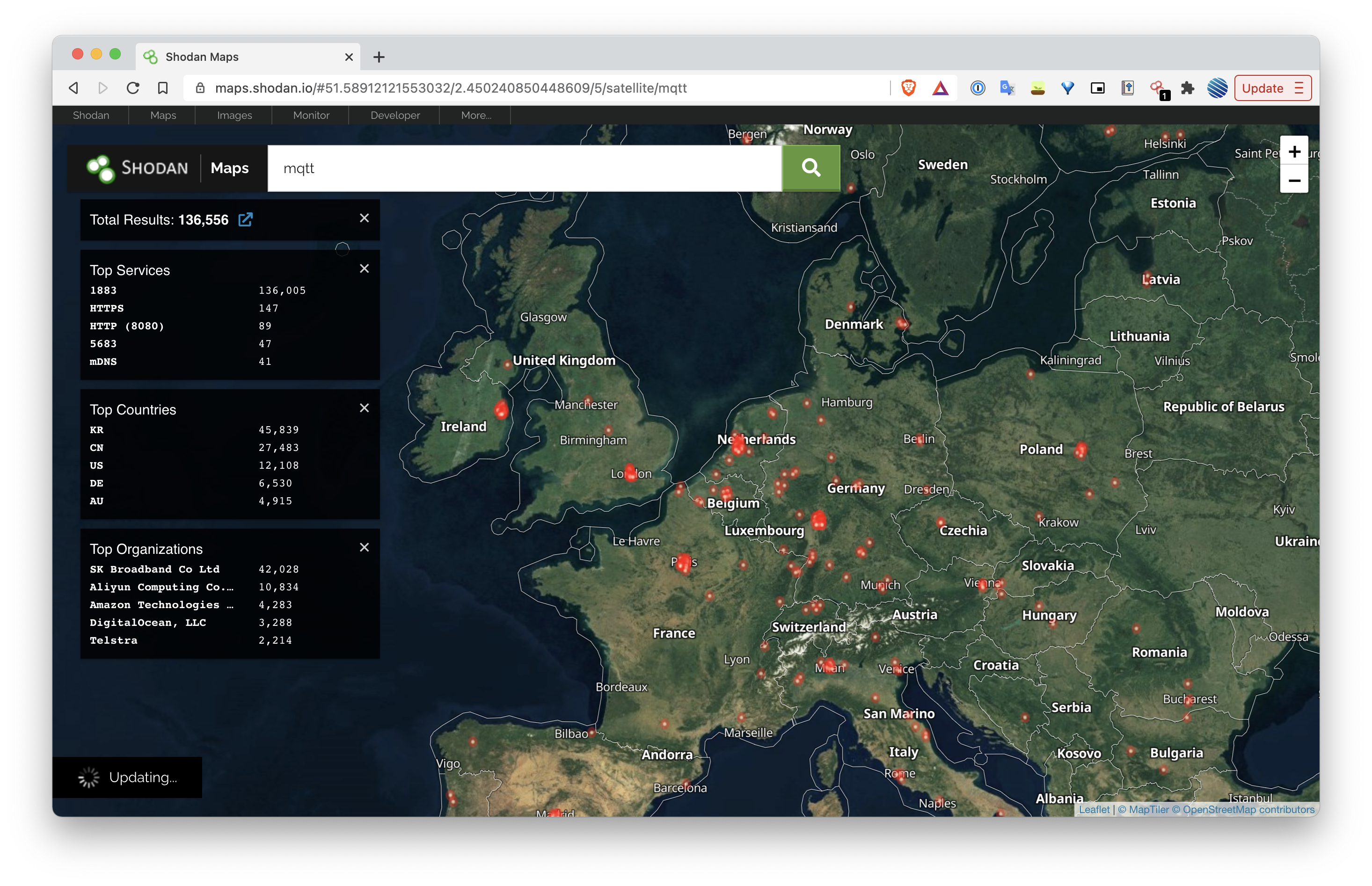 Shodam map results for MQTT services