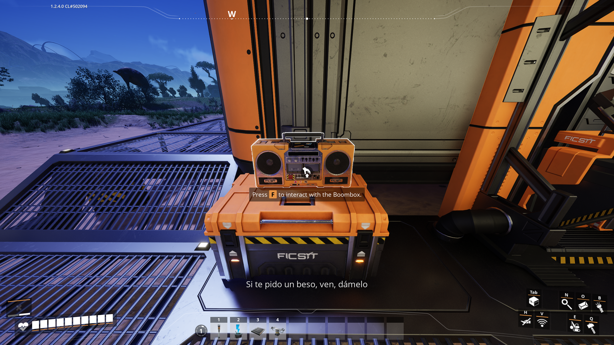A placed Boom Box playing, with the current lyric line on screen