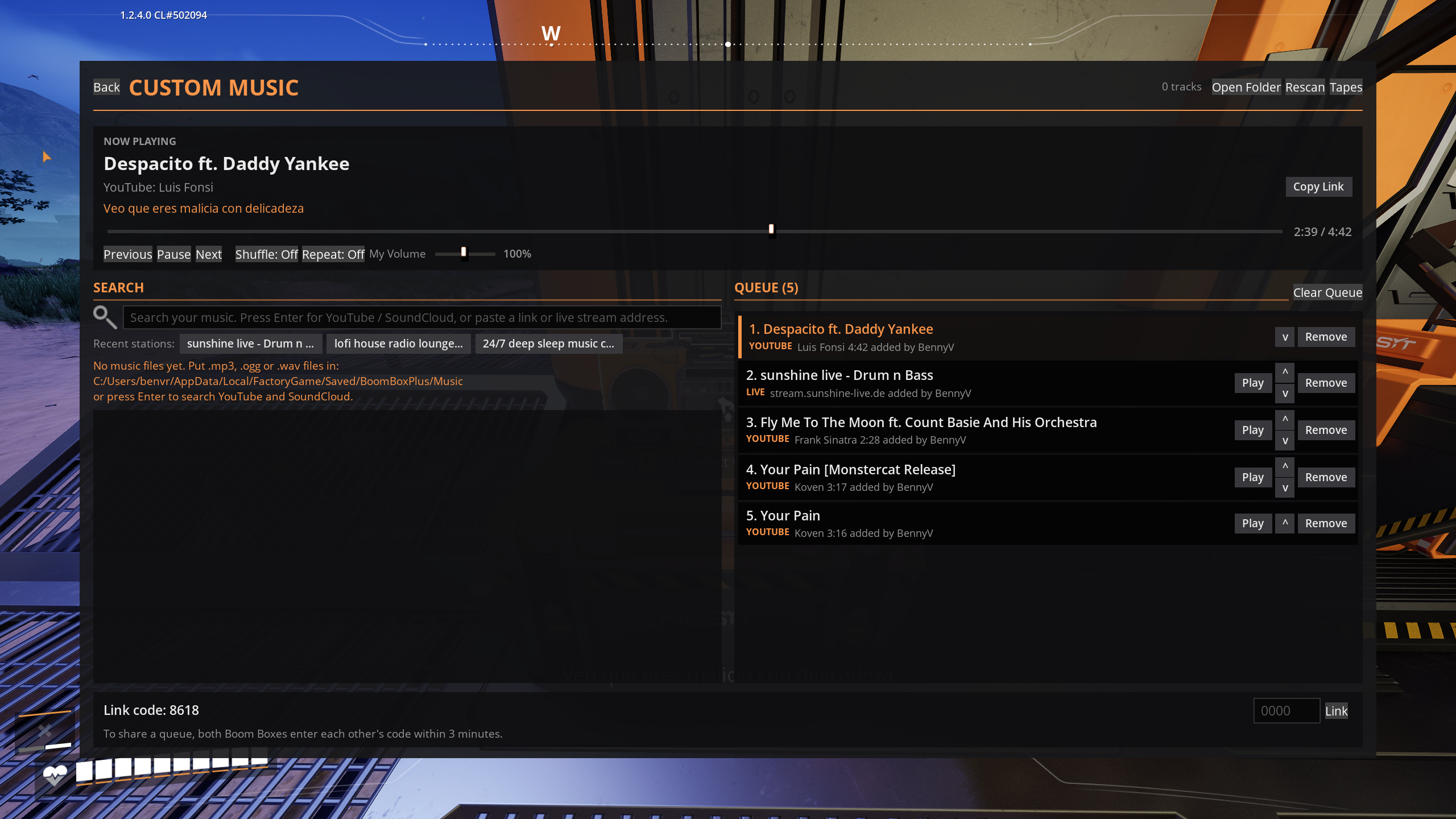 The Custom Music page: now playing with its source and Copy Link, the current lyric and the queue