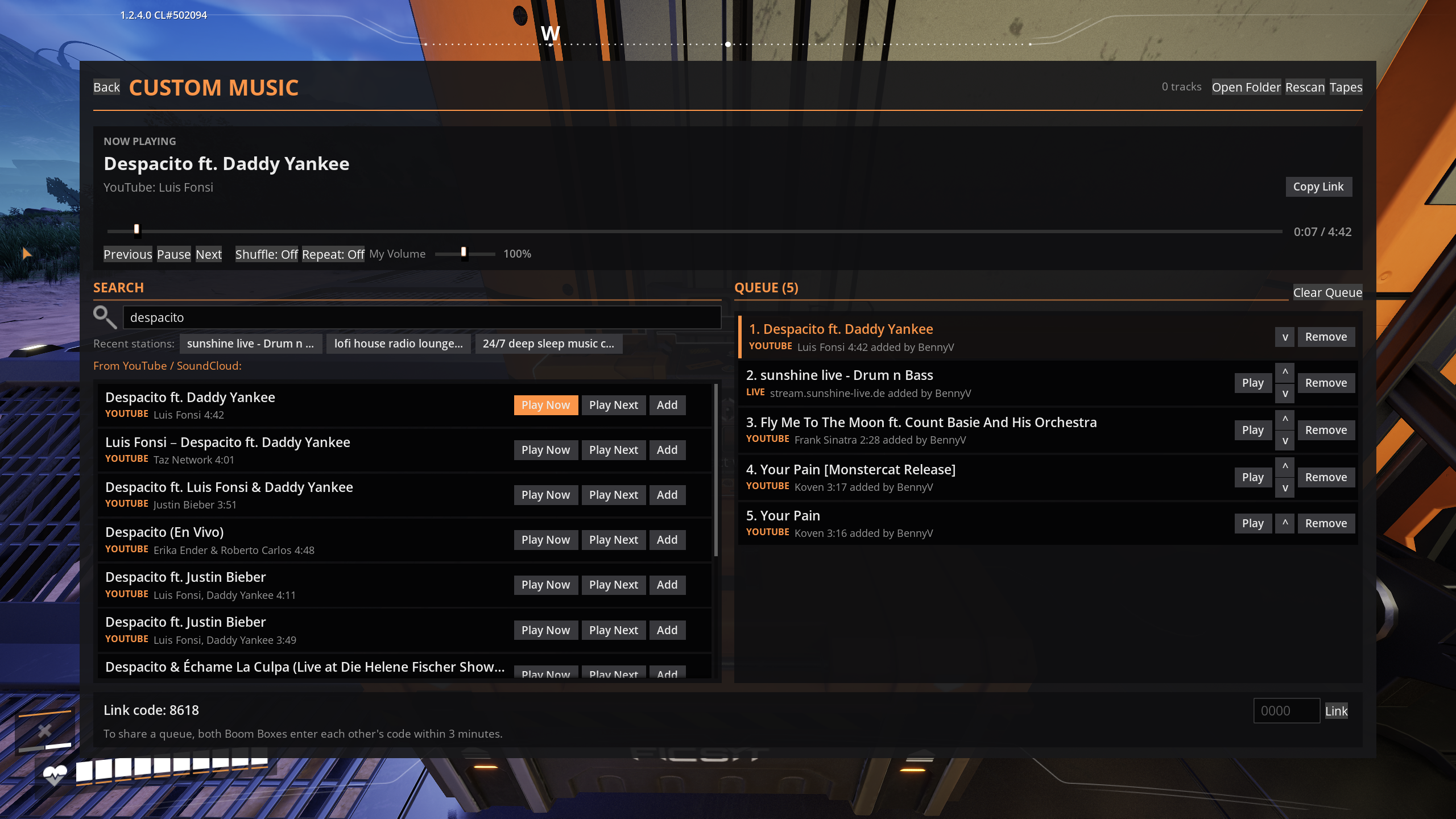 Search results with Play Now, Play Next and Add