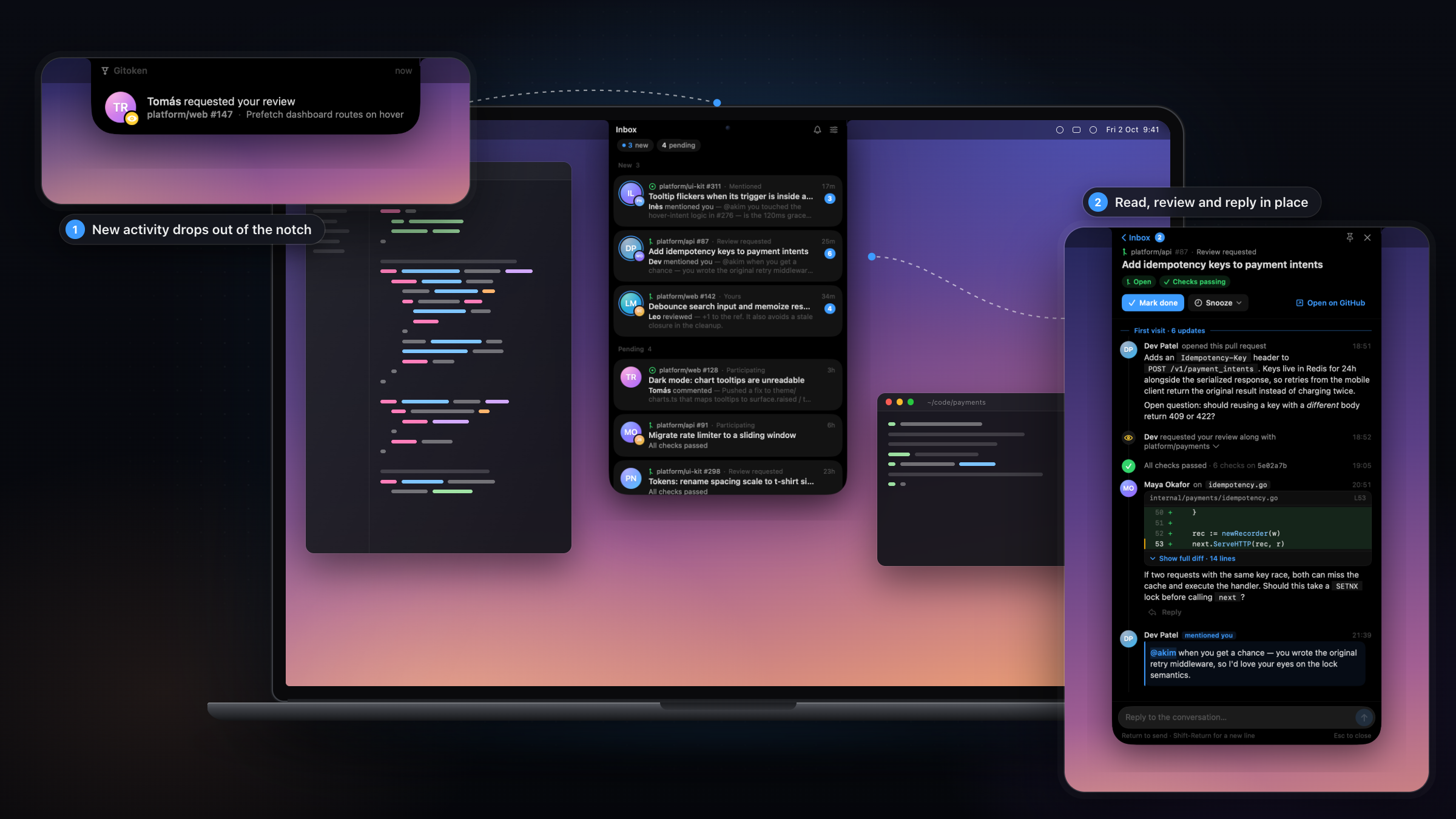 Gitoken on a MacBook: the inbox hangs from the notch, with an arrival banner and a pull request conversation beside it. Demo data.