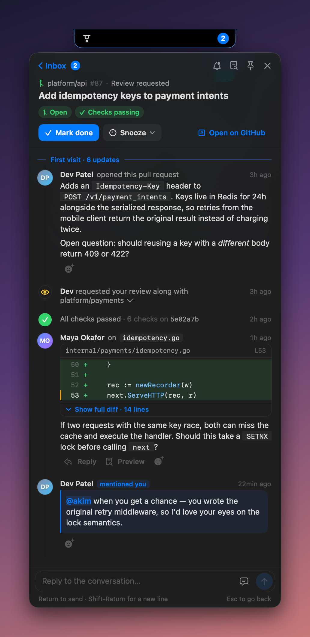 Pull request conversation with review comments