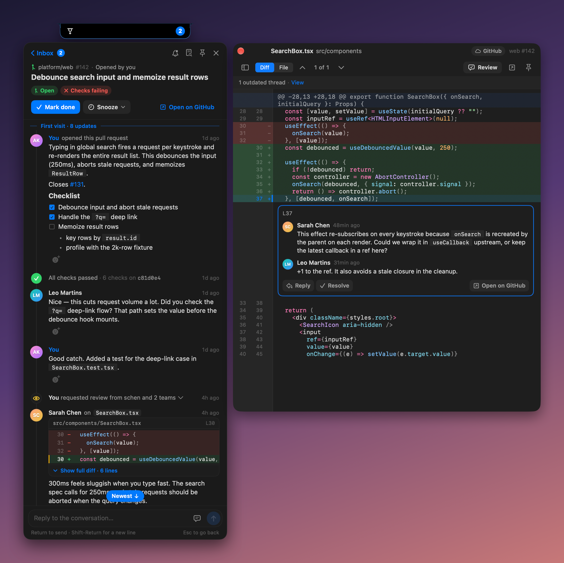 File preview with highlighted diff and review threads