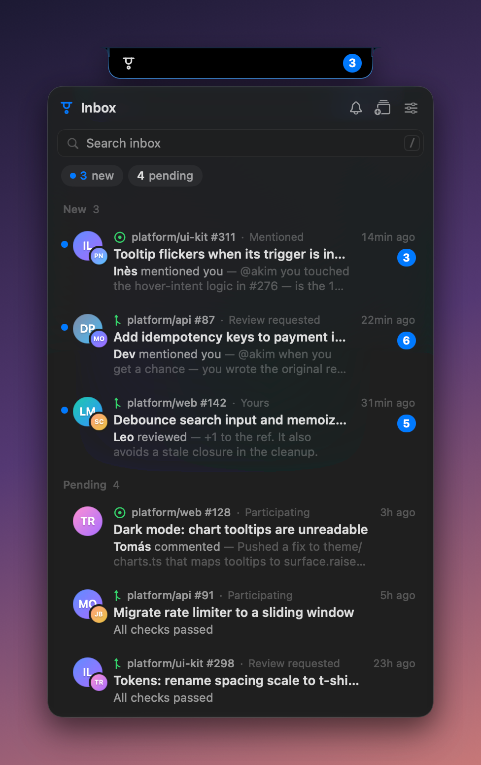 Inbox grouped by pull request and issue