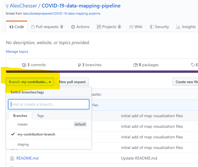 Github branch selection dropdown