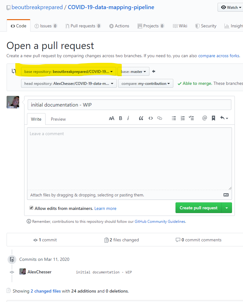 Github pull request to base