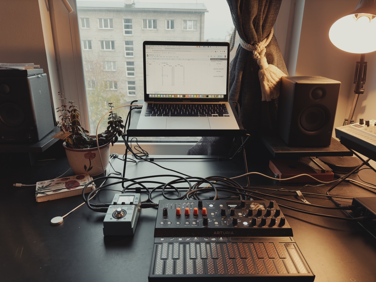 The setup for this project: Arturia MicroFreak synth and Google Sheets