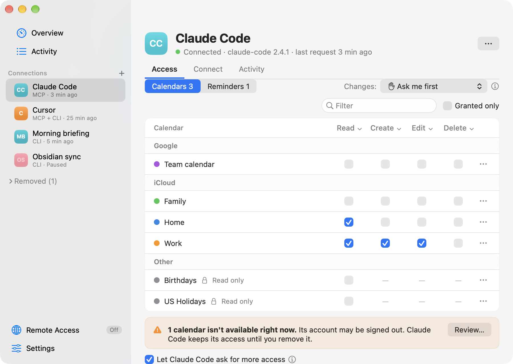 A connection's Access tab: Work has Read, Create and Edit; Home has Read; Family and a Google team calendar have nothing; Birthdays and US Holidays are read-only. Changes are set to Ask me first, each column header has a menu and each row a ⋯ button with presets.