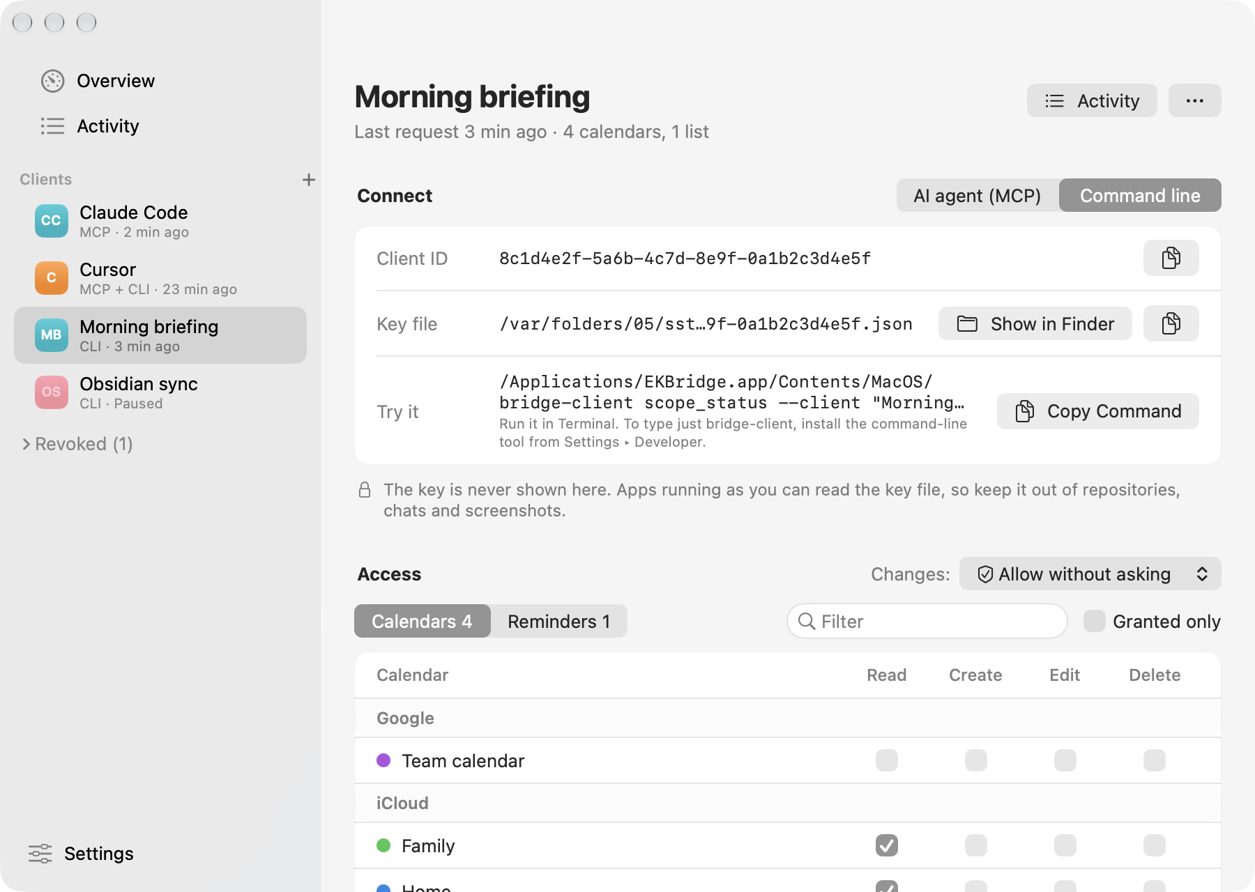 A client page: Connect shows the client ID, key file path and a command to copy; Access shows calendars grouped by account with Read, Create, Edit and Delete checkboxes.