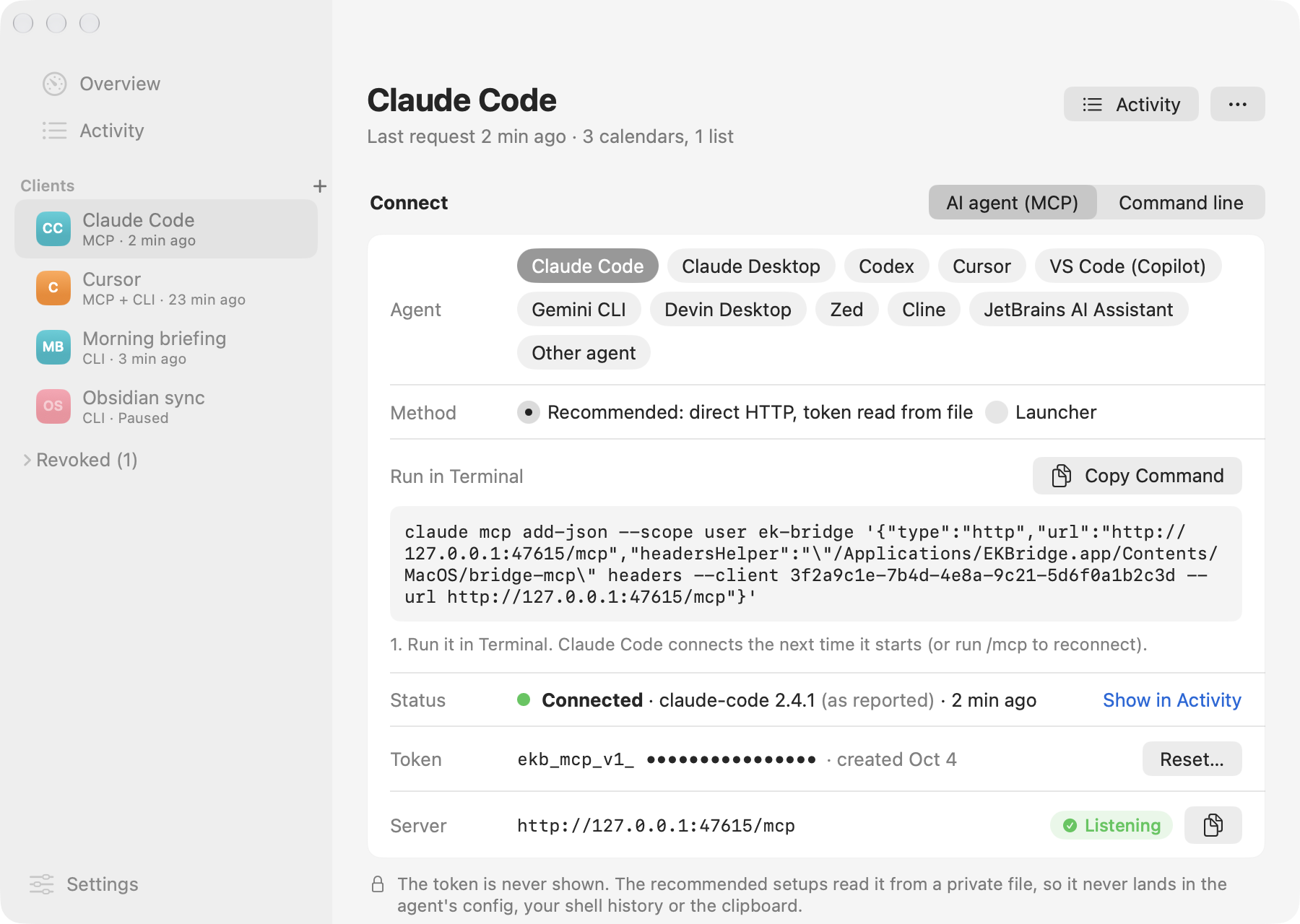 Connect ▸ AI agent on a client page: Claude Code is selected with the recommended direct HTTP method, a claude mcp add-json command to copy, a Connected status, a hidden token with Reset, and the server URL.