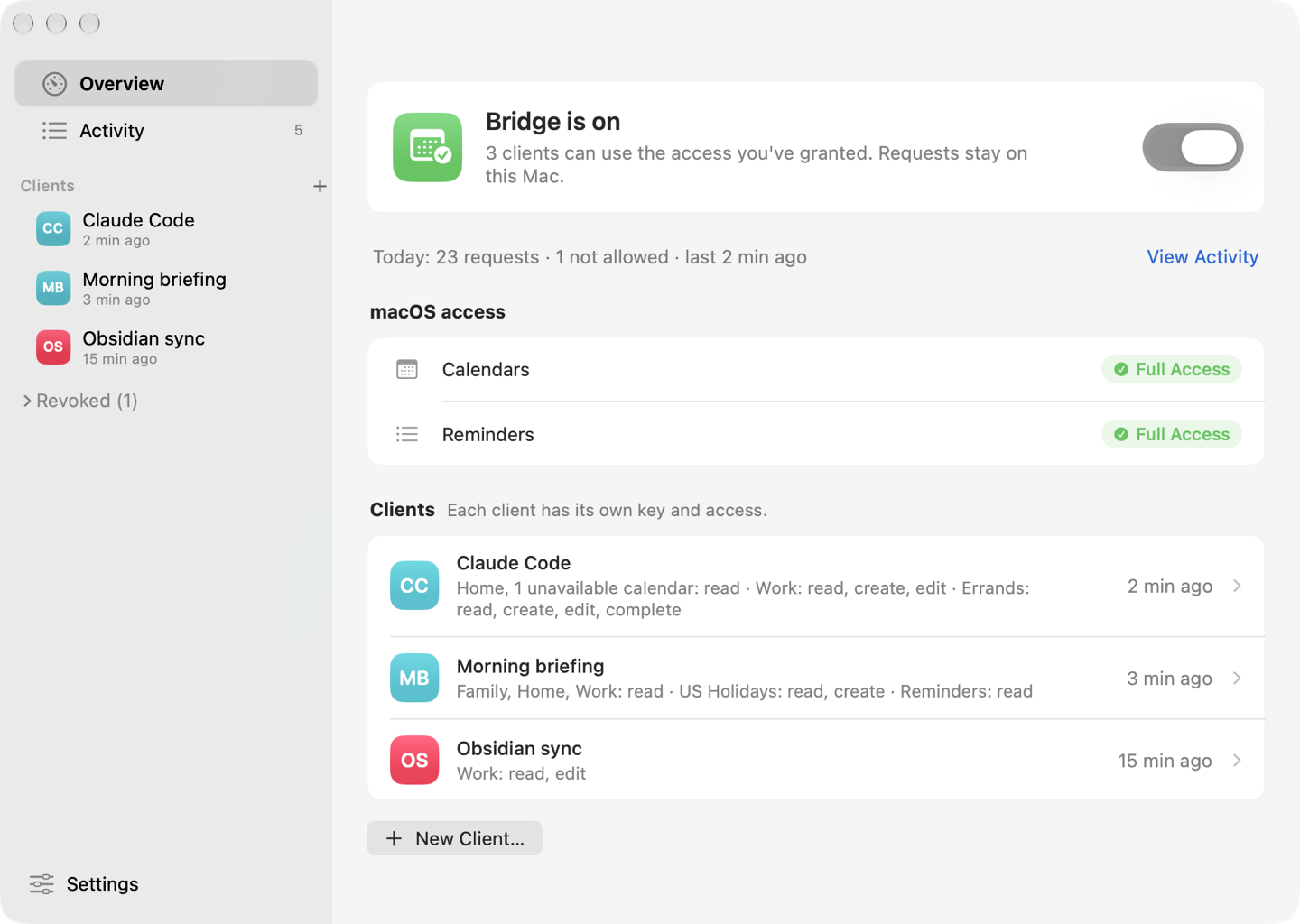 EK Bridge Overview: the bridge is on, Calendars and Reminders have Full Access, and three clients are listed with their access and last request.