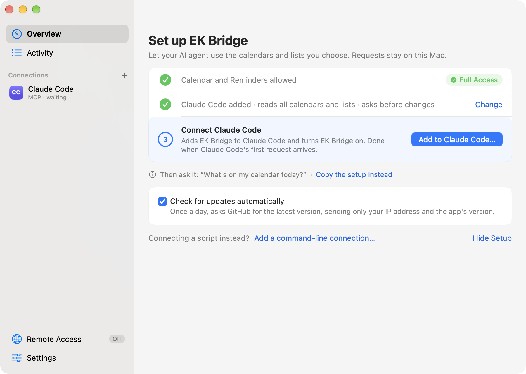 Set up EK Bridge: Calendar and Reminders allowed with Full Access, Claude Code added to read all calendars and lists and ask before changes, and step 3, Connect Claude Code, with an Add to Claude Code button. Below: Copy the setup instead, the update checkbox and Add a command-line connection.