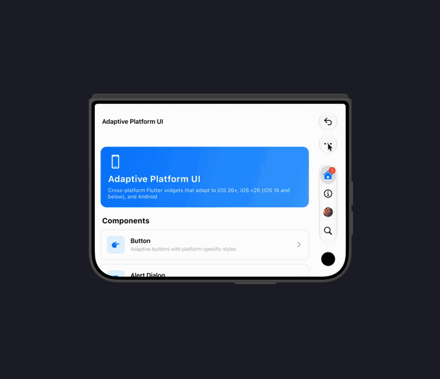 adaptive_platform_ui on iPhone Duo: toolbar and tab bar in the vertical bar along the side
