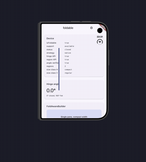 The example app on the iPhone Duo simulator: the hinge angle counts up from 0 degrees while the device is unfolded, the posture changes from closed to fullyOpen, and the size class switches from compact to regular