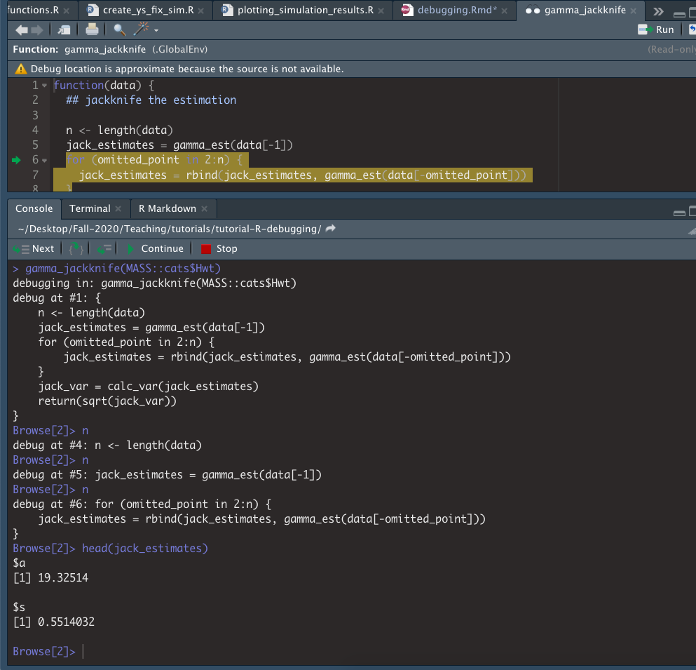 debug() stepping through gamma_jackknife line by line