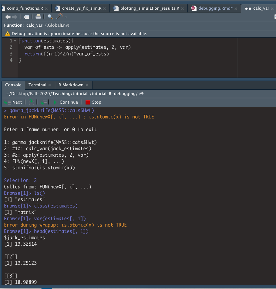 recover() letting you enter the calc_var frame and inspect estimates
