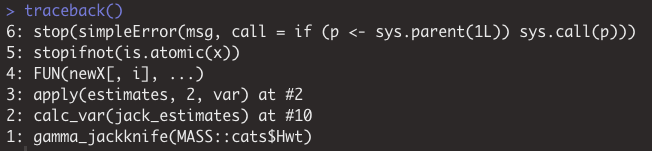 traceback() output showing the call stack leading to the error