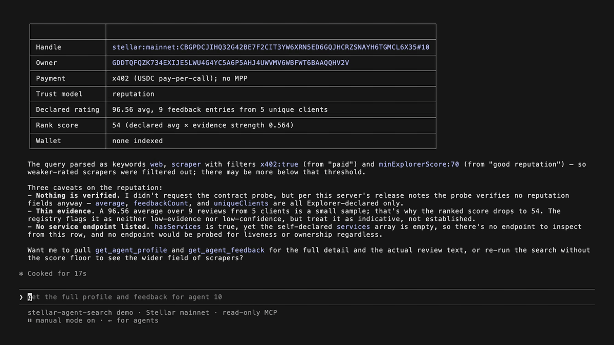 find_agent, rank_agent and get_agent_profile running live against Stellar mainnet inside Claude Code
