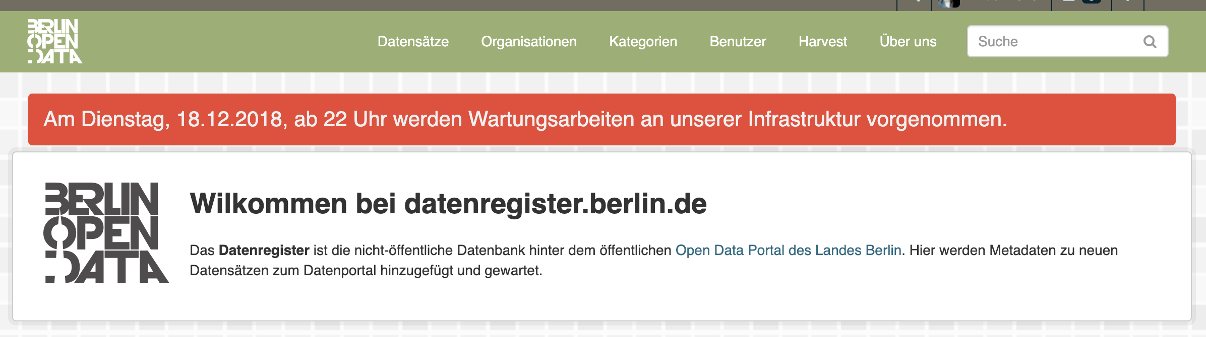 Screenshot of the Datenregister showing a warning message about upcoming maintenance work