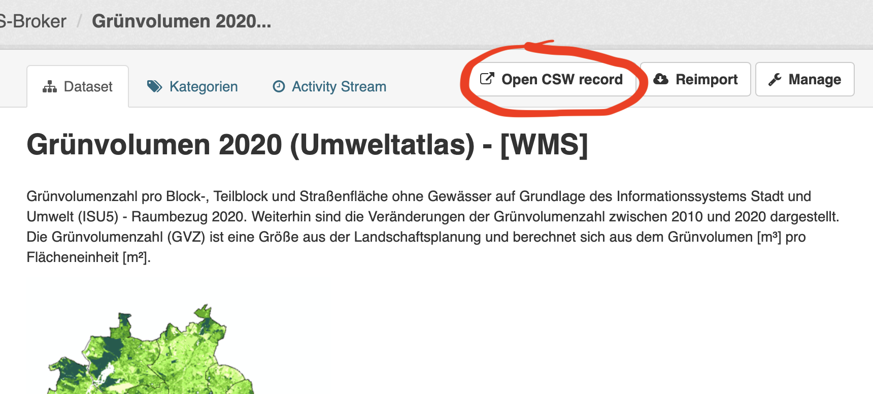 Screenshot eines Datensatzes "Schutzgebiete nach Naturschutzrecht" im Datenregister, mit rot hervorgehobenem "Open CSW Record"-Button