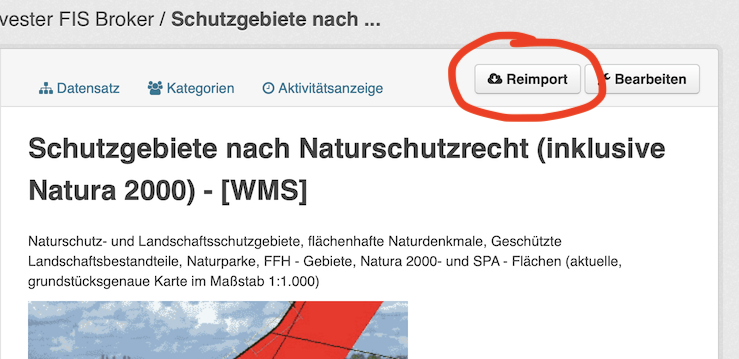 Screenshot eines Datensatzes "Schutzgebiete nach Naturschutzrecht" im Datenregister, mit rot hervorgehobenem Reimport-Button