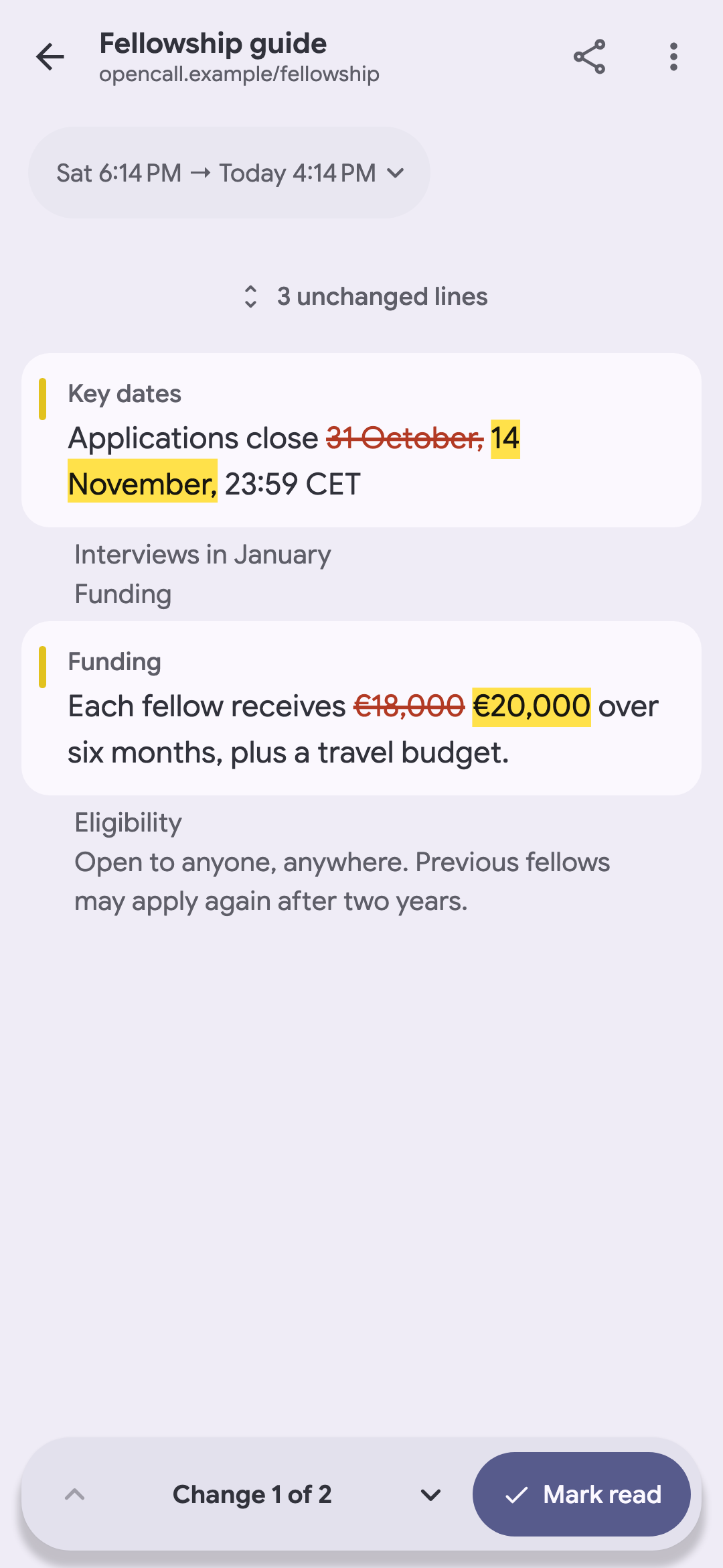 Readable text comparison highlighting a changed fellowship deadline and funding amount