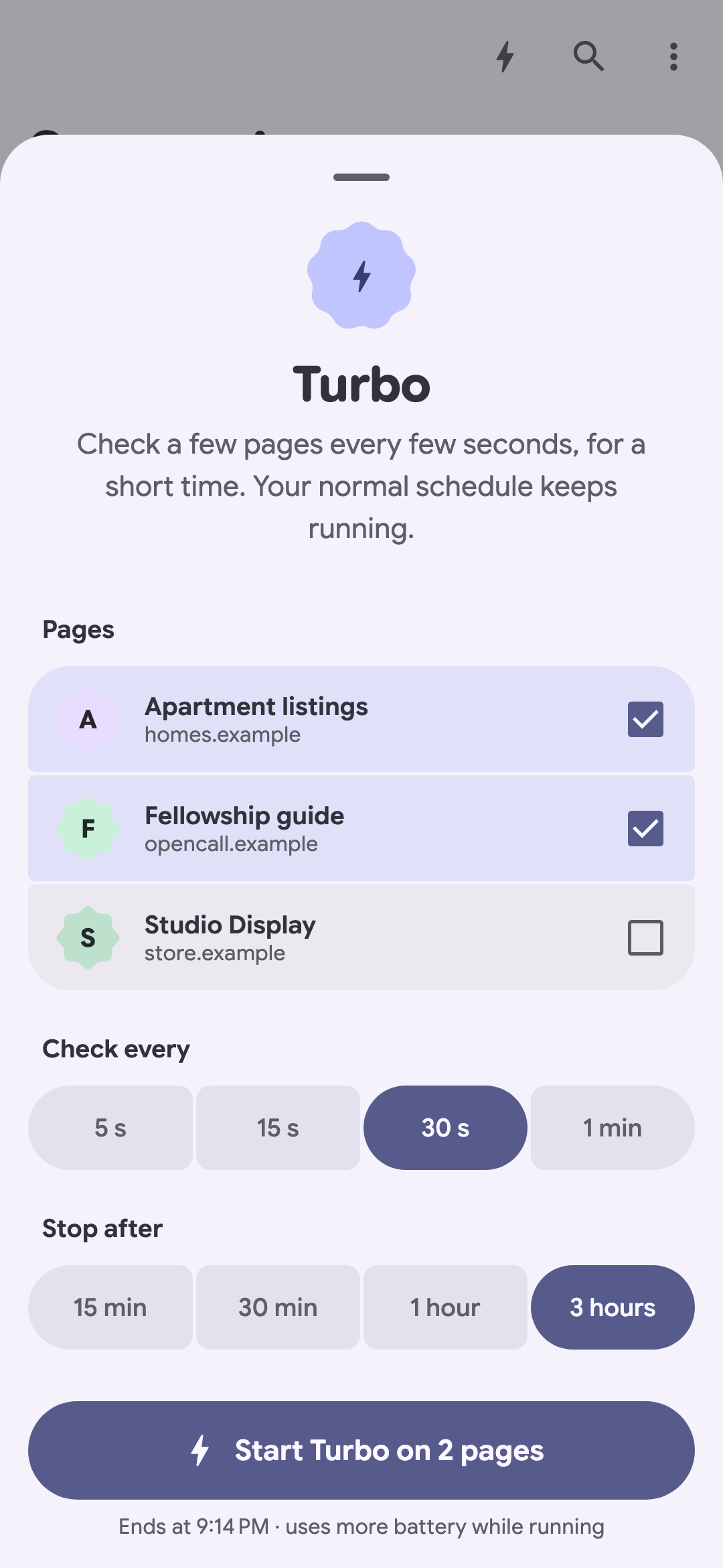 Turbo setup with pages, checking interval, and session duration