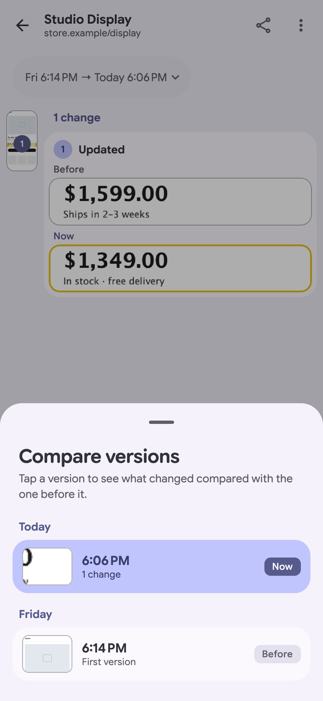Saved versions available for comparison