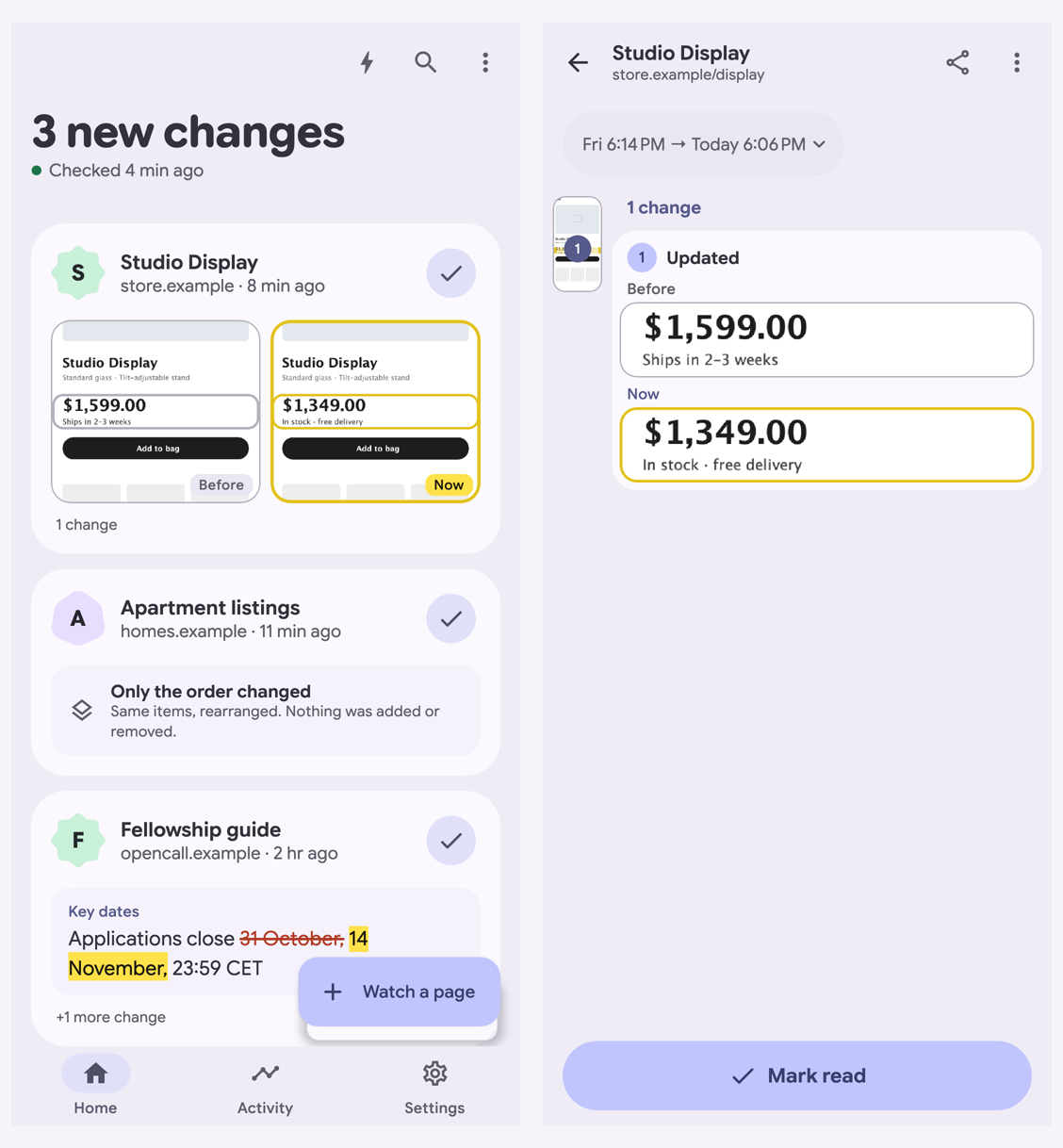 ChangeDetection home showing recent changes, beside a before-and-after price comparison
