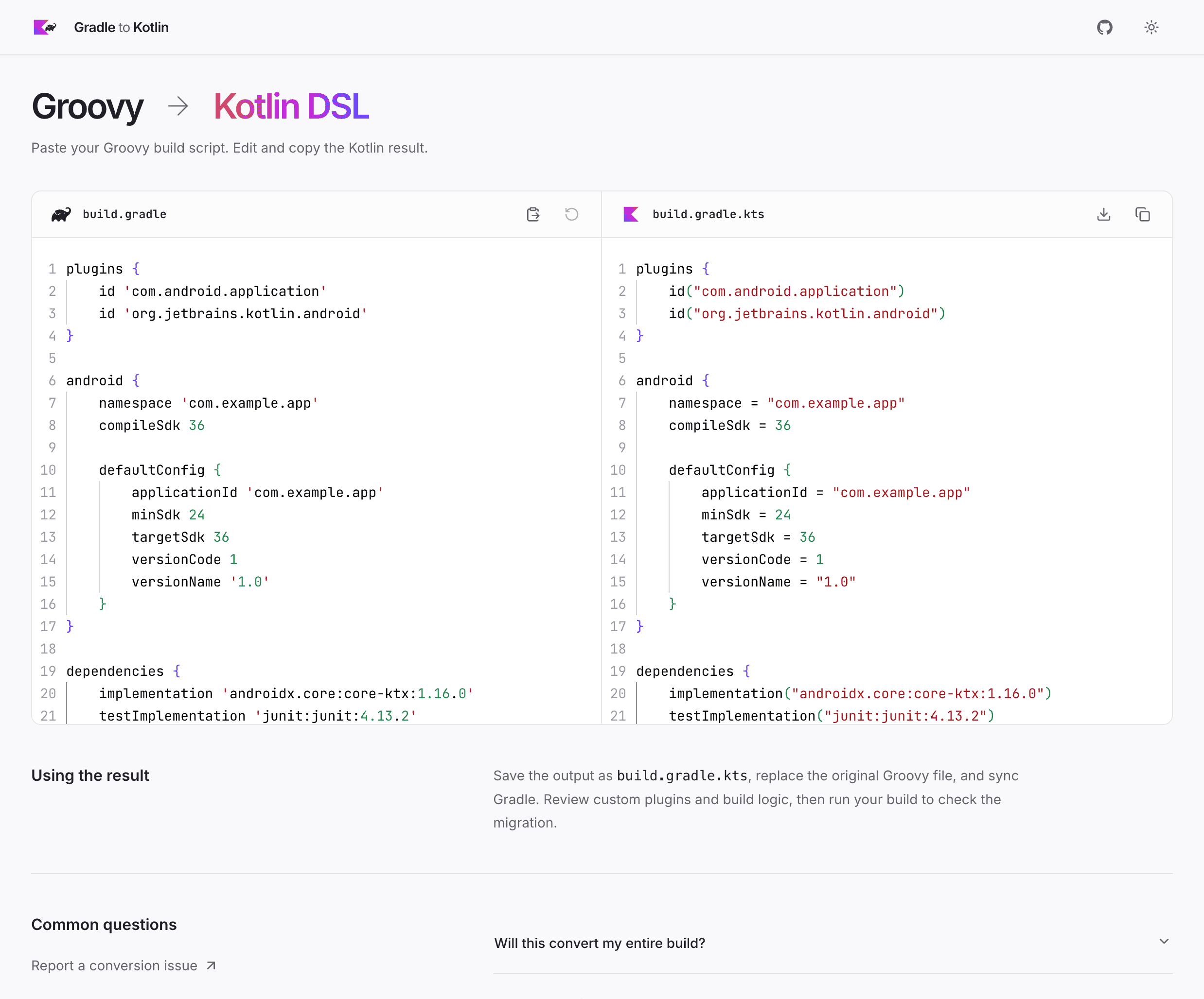 Gradle to Kotlin converter with side-by-side Groovy and Kotlin DSL editors