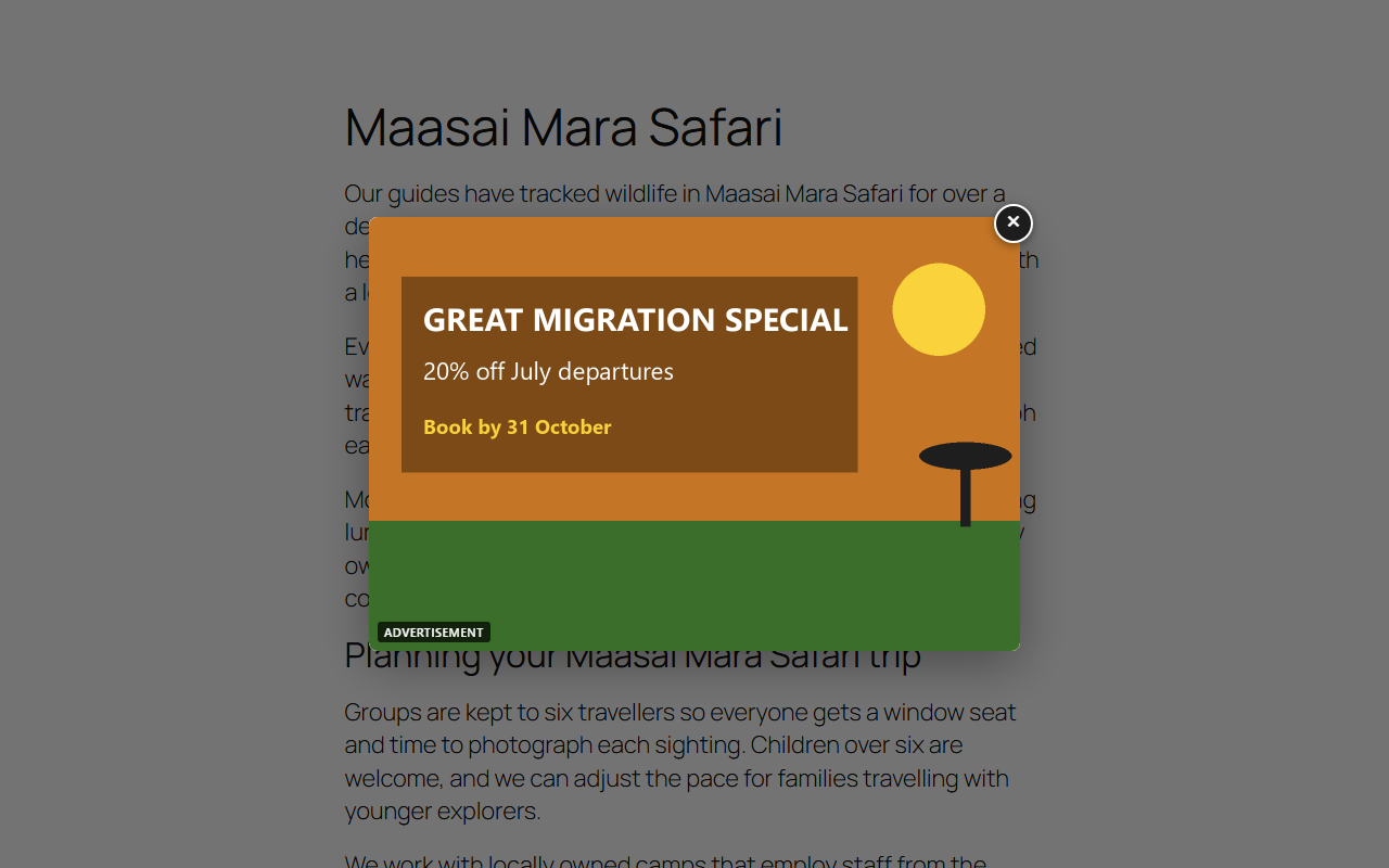 Popup advertisement on a page