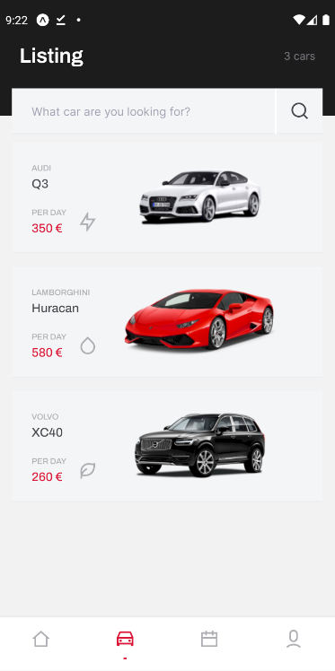 App -> TabMenu -> Car listing